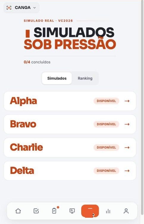 Tela real do app: Simulados sob pressão